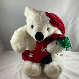 Vintage Christmas Polar Bear with Santa Hat and Stocking White Red Green Plush